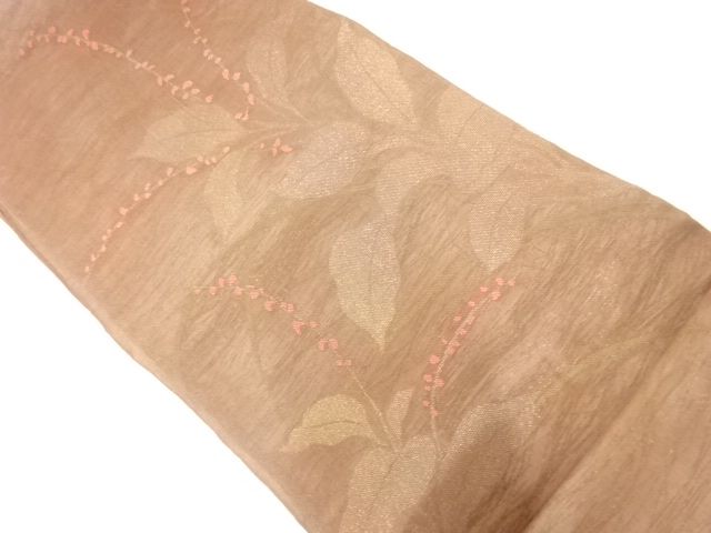 JAPANESE KIMONO / ANTIQUE FUKURO OBI FOR SUMMER / SILK / WOVEN LEAVES